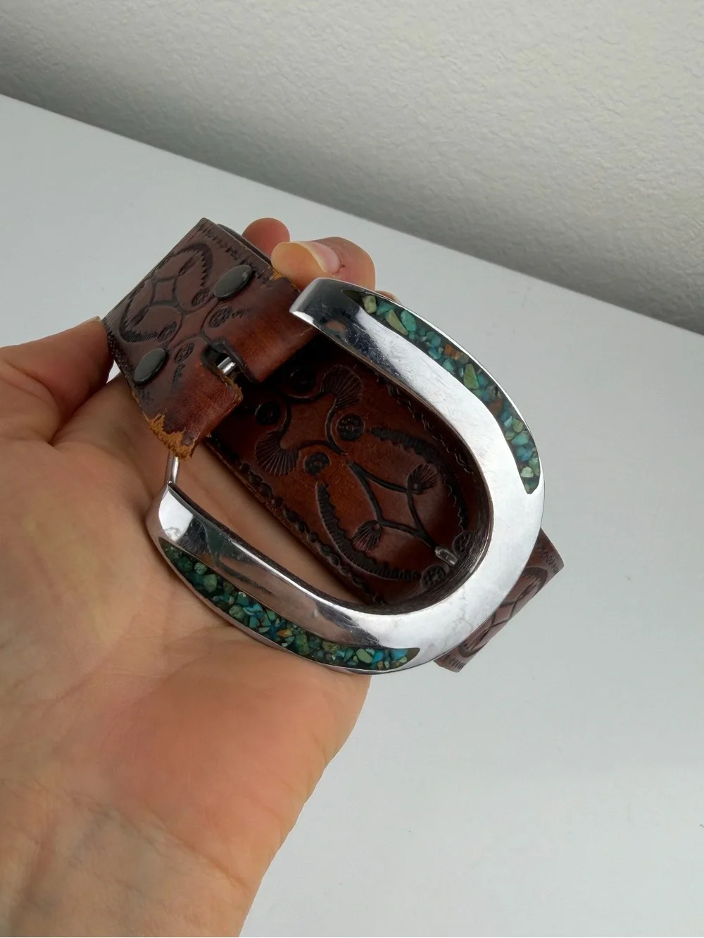 Turquoise and Silver Leather Belt Brown 36